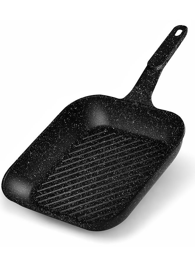 Sonex  Diecast Marble Coated Grill Pan 24 cm– Non-Stick, Raised Ridges, Cool-Touch Soft Handle, PFOA-Free, Dishwasher Safe, Easy Clean, Premium Korean Technology for Healthy Grilling, Black - Image 1